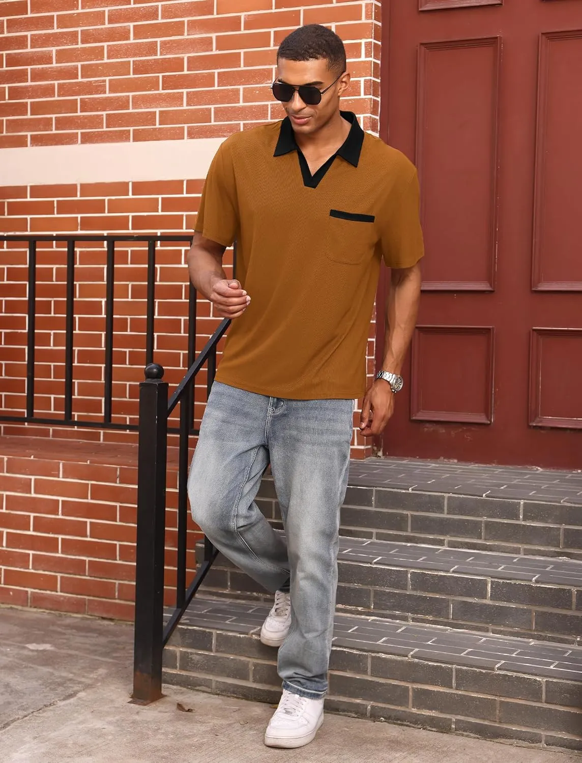 ODIZLI Men's Trendy Short Sleeve V Neck Knit Polo Shirt with Pocket Business Casual Shirts Athleisure