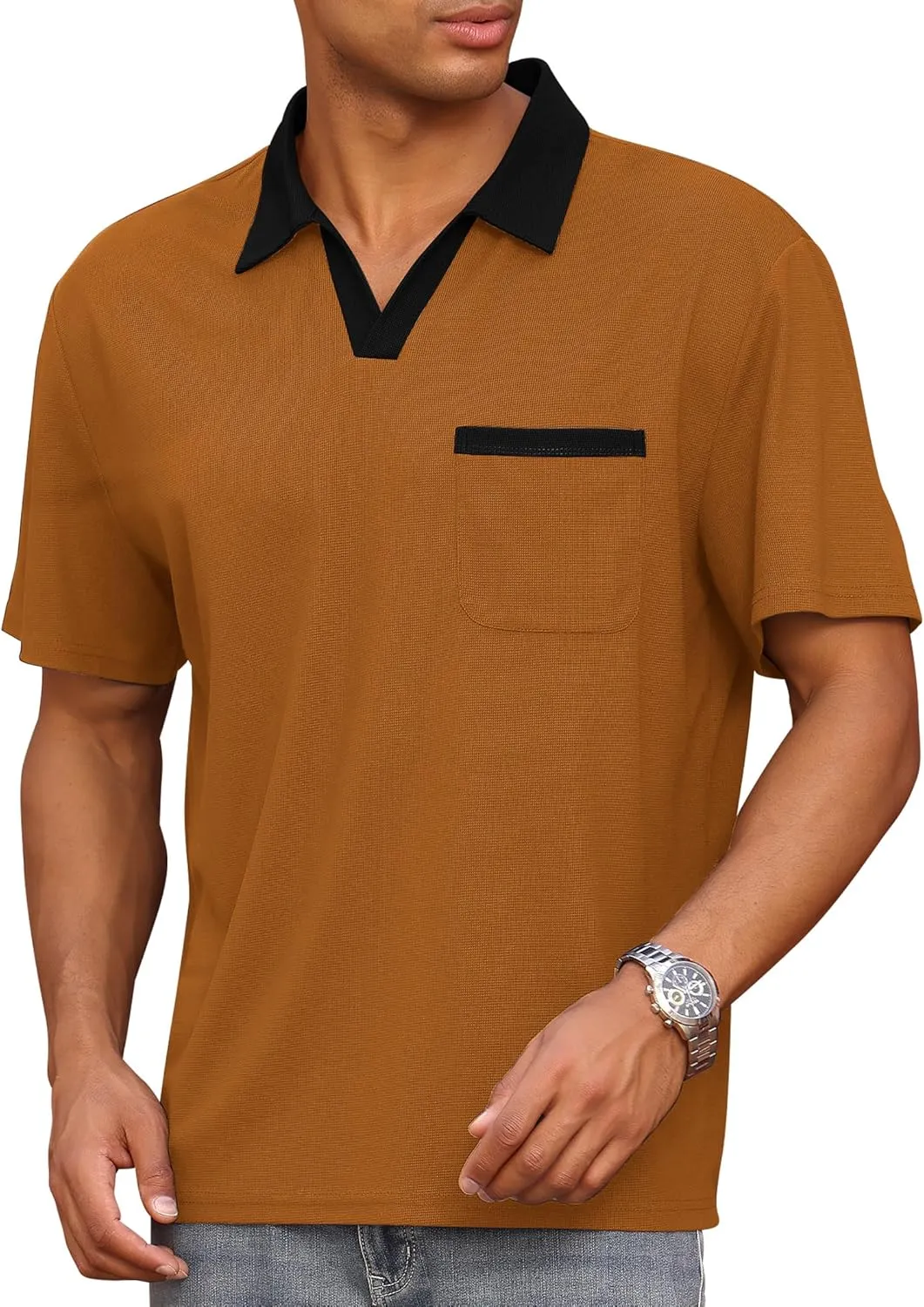 ODIZLI Men's Trendy Short Sleeve V Neck Knit Polo Shirt with Pocket Business Casual Shirts Athleisure