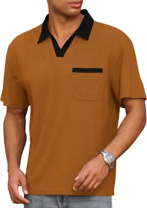 ODIZLI Men's Trendy Short Sleeve V Neck Knit Polo Shirt with Pocket Business Casual Shirts Athleisure