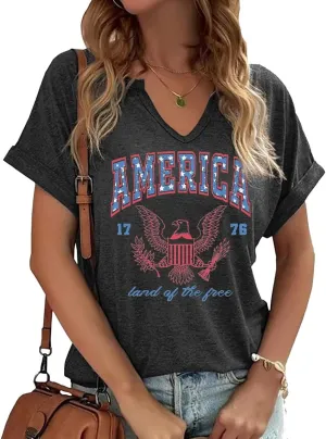 Patriotic V Neck Shirts 4th of July for Women American Flag Graphic Tee Casual Color Block Short Sleeve Summer Tops