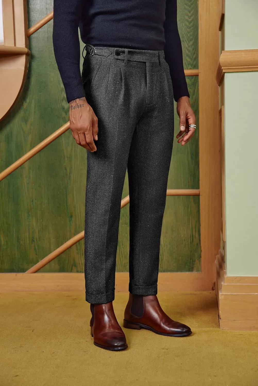 PJ PAUL JONES Men Vintage Tweed Pants Herringbone Pleated Suit Trousers