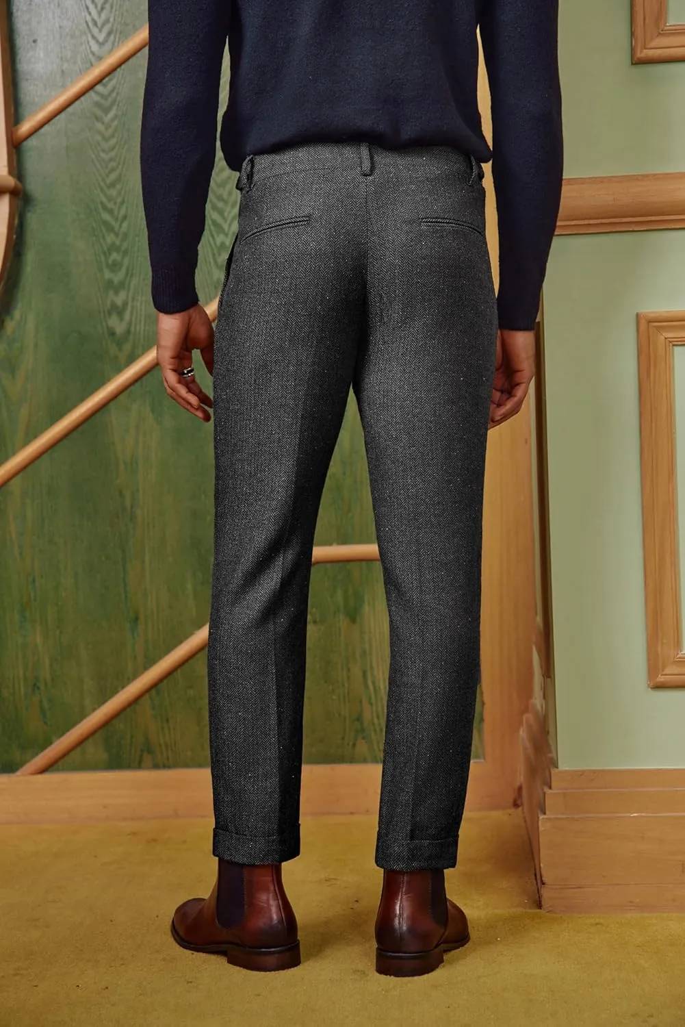 PJ PAUL JONES Men Vintage Tweed Pants Herringbone Pleated Suit Trousers