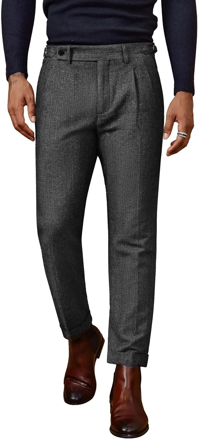 PJ PAUL JONES Men Vintage Tweed Pants Herringbone Pleated Suit Trousers