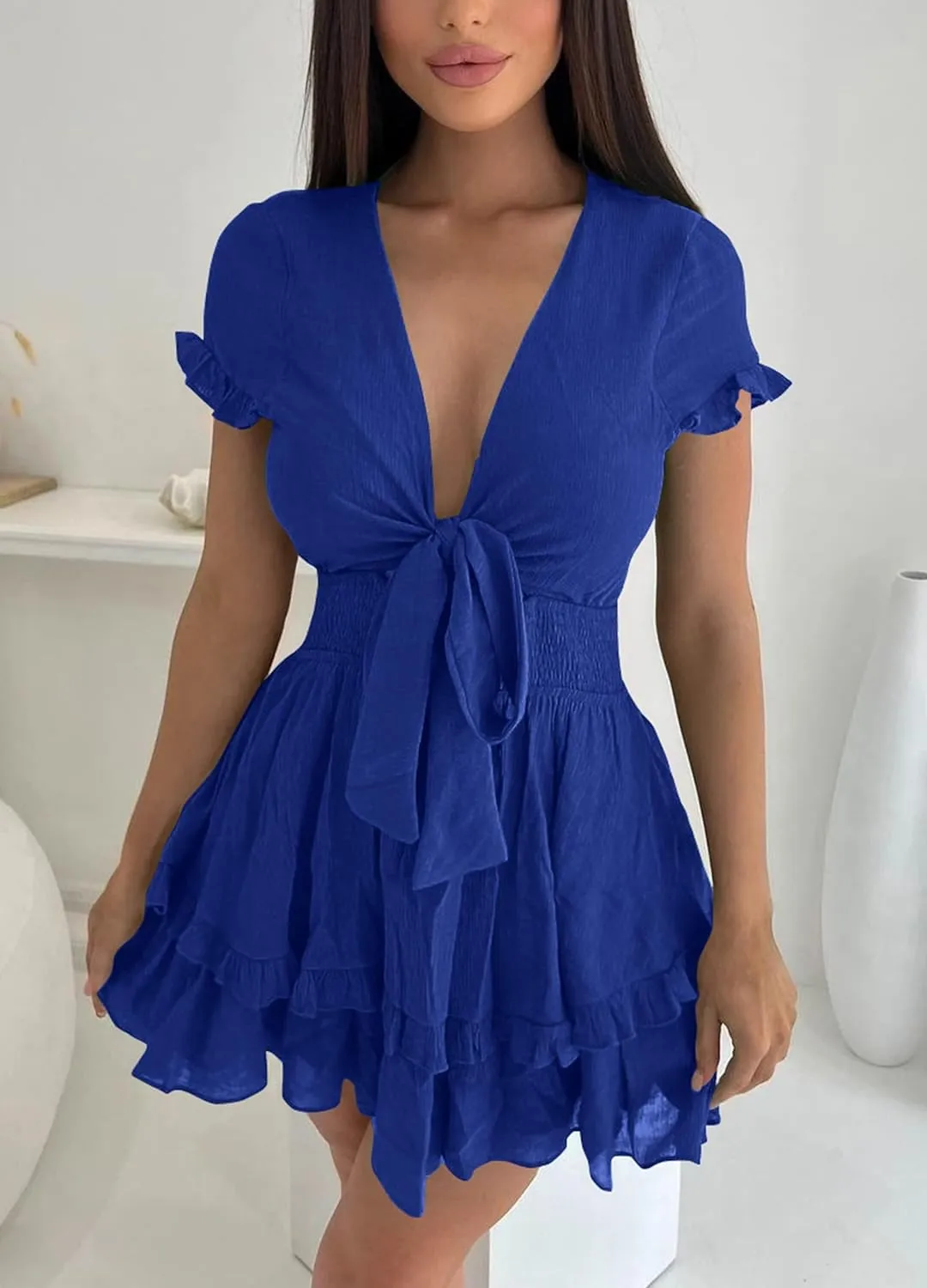 PRETTYGARDEN Women Summer Mini Short Dress 2025 Short Sleeve Casual Beach Vacation Sundress V Neck Tiered Sun Dresses