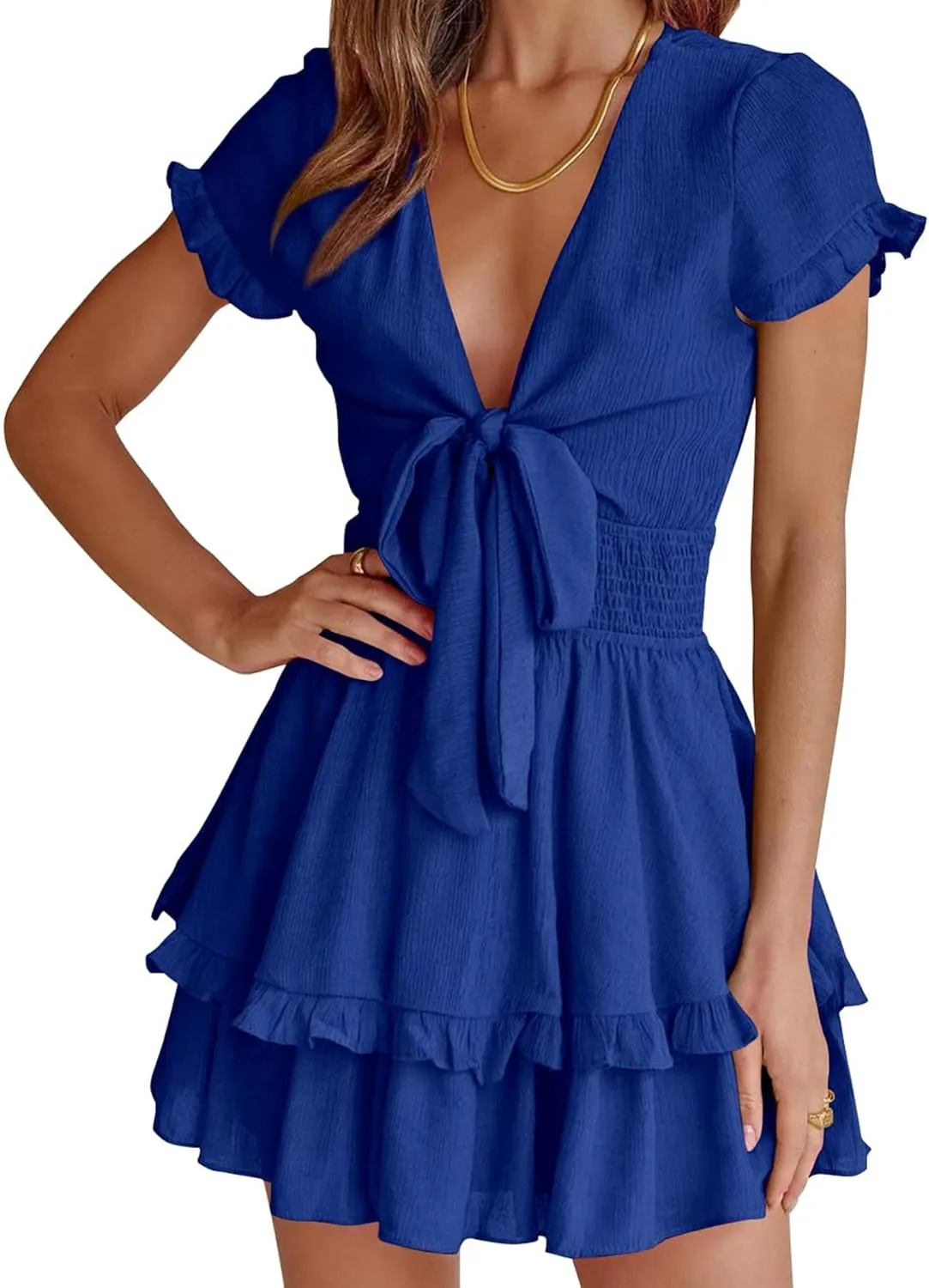 PRETTYGARDEN Women Summer Mini Short Dress 2025 Short Sleeve Casual Beach Vacation Sundress V Neck Tiered Sun Dresses