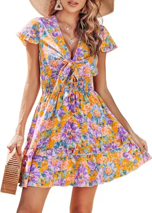 PRETTYGARDEN Women Summer Mini Short Dress 2025 Short Sleeve Casual Beach Vacation Sundress V Neck Tiered Sun Dresses
