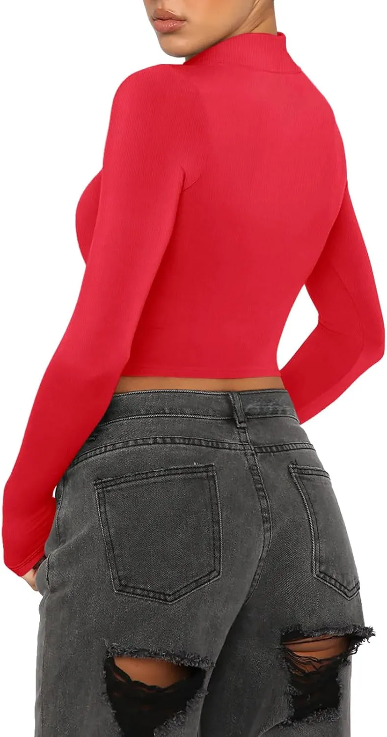 REORIA Women's Basic Cute Mock Turtleneck Long Sleeve Ribbed Tight Tshirts Crop Tops