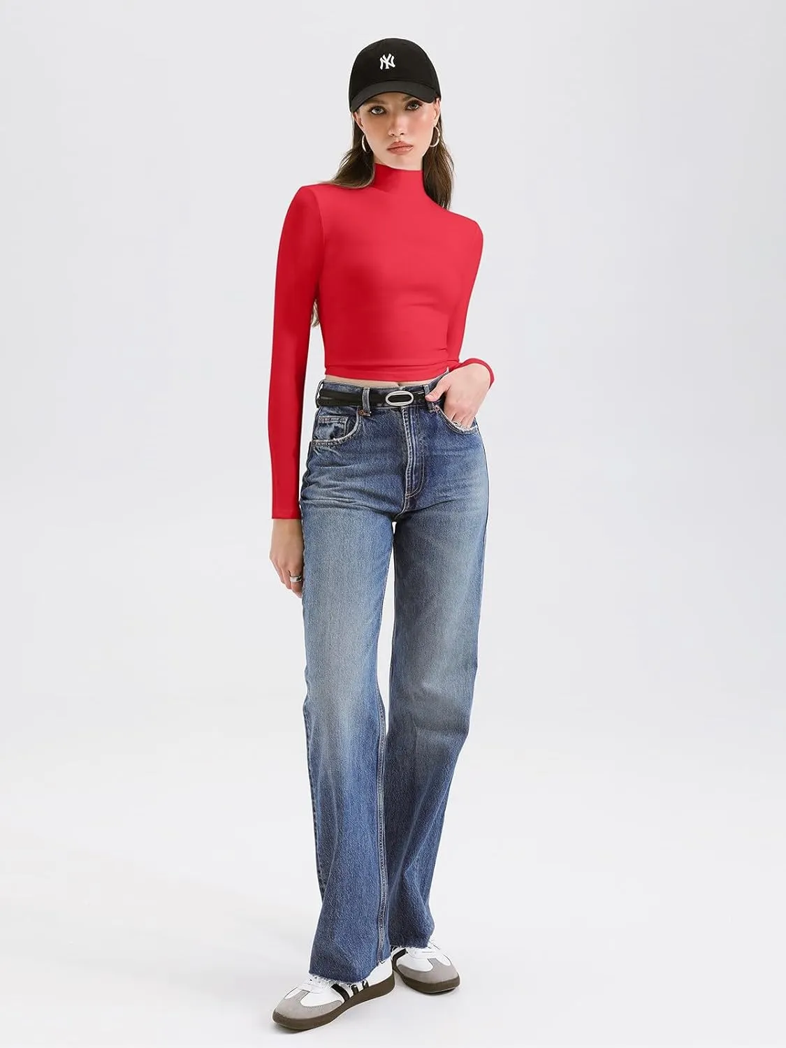 REORIA Women's Basic Cute Mock Turtleneck Long Sleeve Ribbed Tight Tshirts Crop Tops