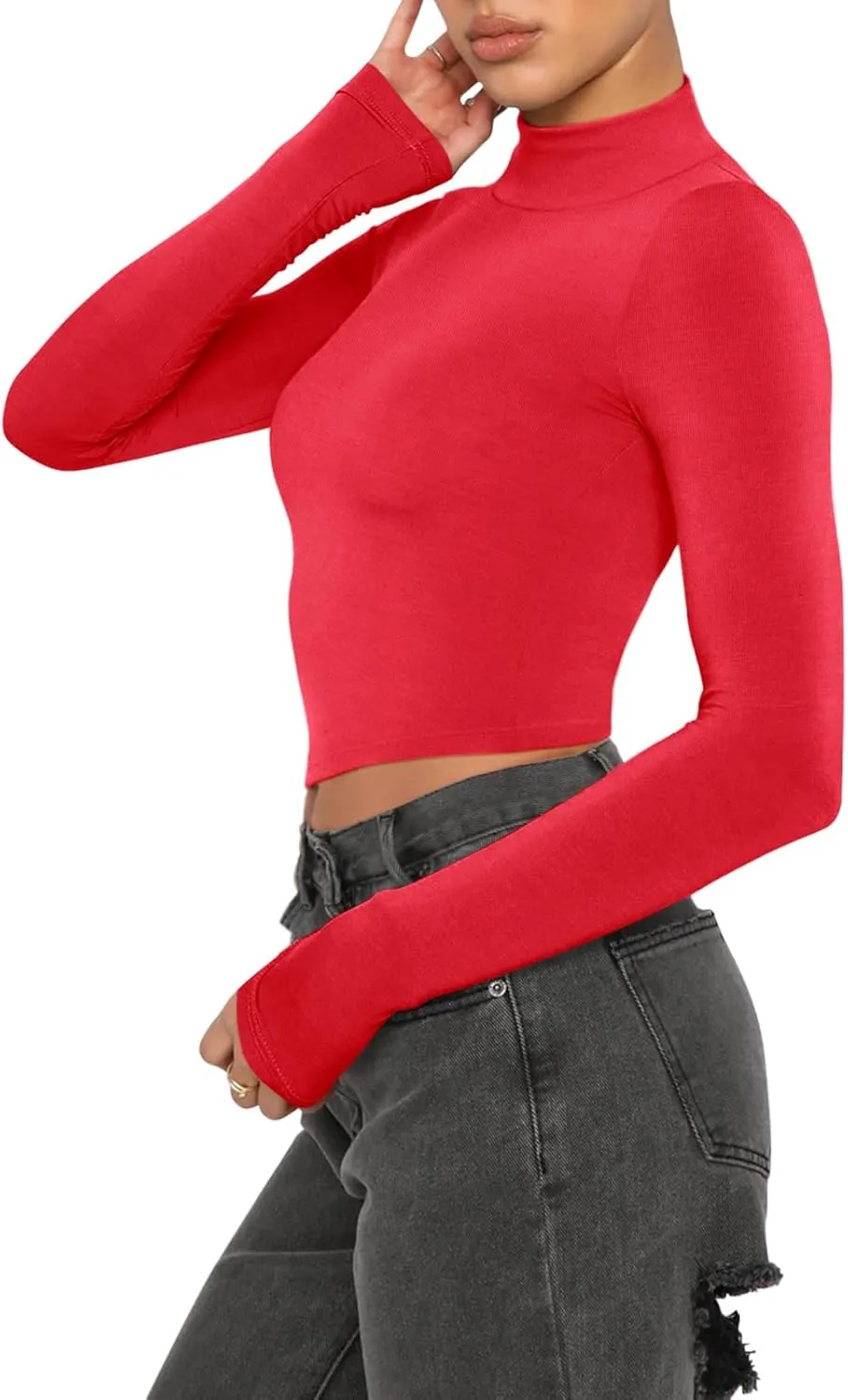 REORIA Women's Basic Cute Mock Turtleneck Long Sleeve Ribbed Tight Tshirts Crop Tops