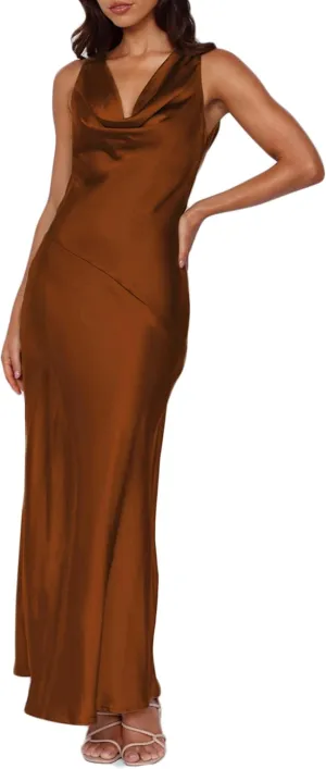 Satin Cowl Neck Sleeveless Backless Maxi Wedding Guest Dress Silk Open Back Tie Back Prom Formal Dresses for Women 2025