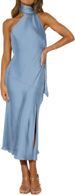 Sexyshine Women's Elegant Halter Tie Neck Sleeveless Satin Long Dress Backless Split Cocktail Party Formal Wedding Maxi Dress