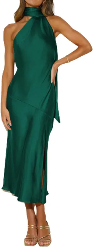 Sexyshine Women's Elegant Halter Tie Neck Sleeveless Satin Long Dress Backless Split Cocktail Party Formal Wedding Maxi Dress