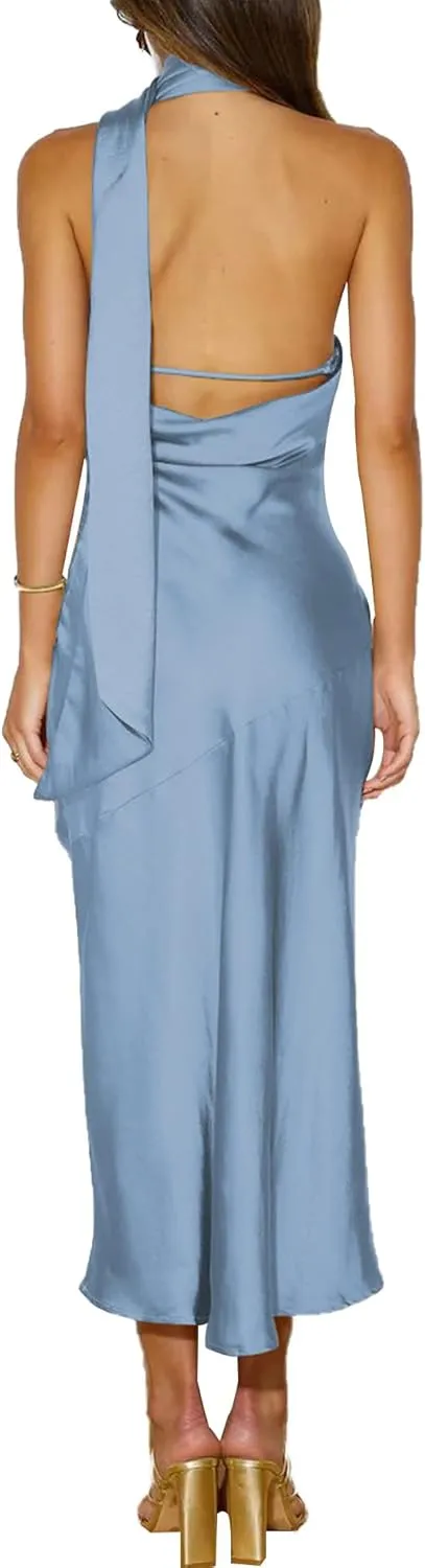 Sexyshine Women's Elegant Halter Tie Neck Sleeveless Satin Long Dress Backless Split Cocktail Party Formal Wedding Maxi Dress