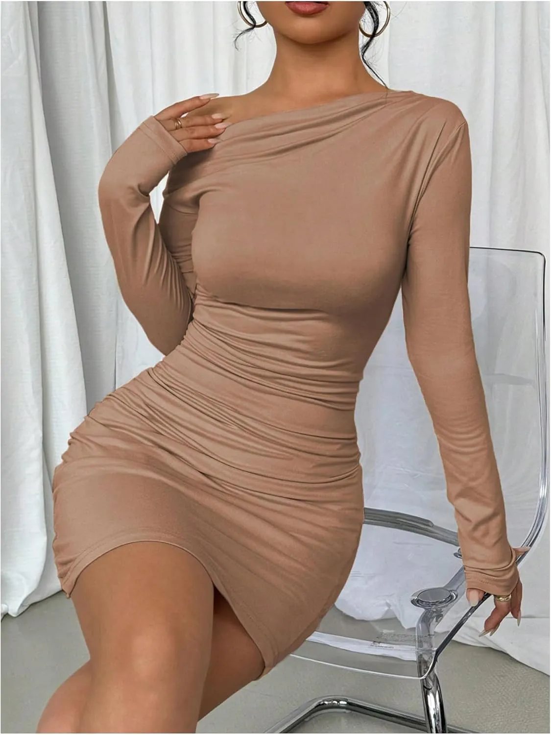 SOLY HUX Women's Ruched Bodycon Mini Dress Off The Shoulder Long Sleeve Fall Dresses