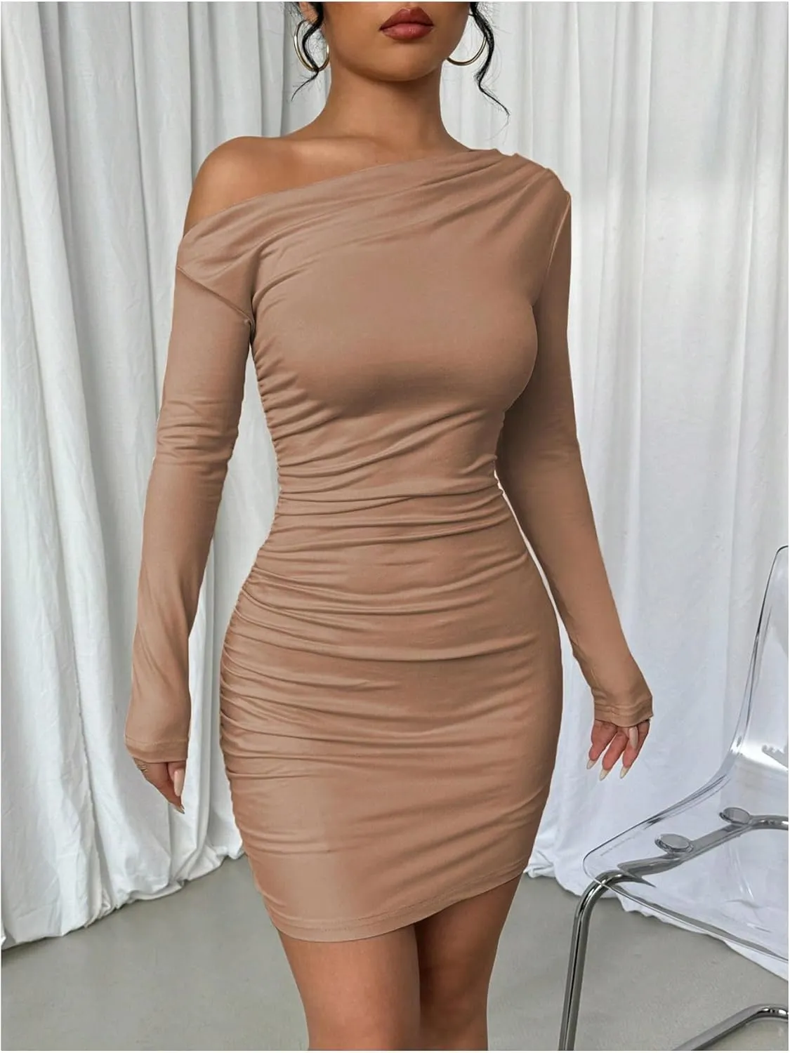 SOLY HUX Women's Ruched Bodycon Mini Dress Off The Shoulder Long Sleeve Fall Dresses