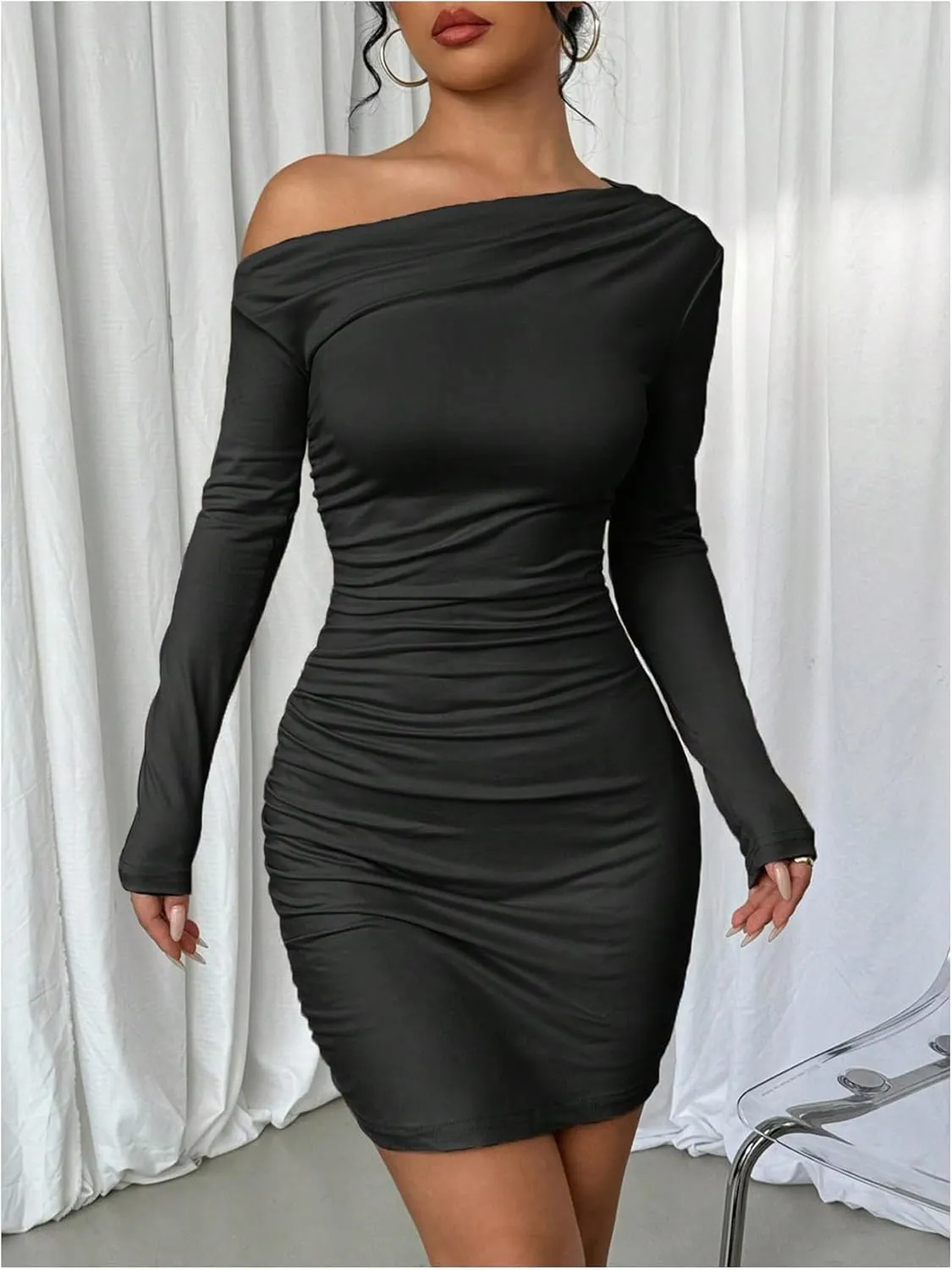 SOLY HUX Women's Ruched Bodycon Mini Dress Off The Shoulder Long Sleeve Fall Dresses