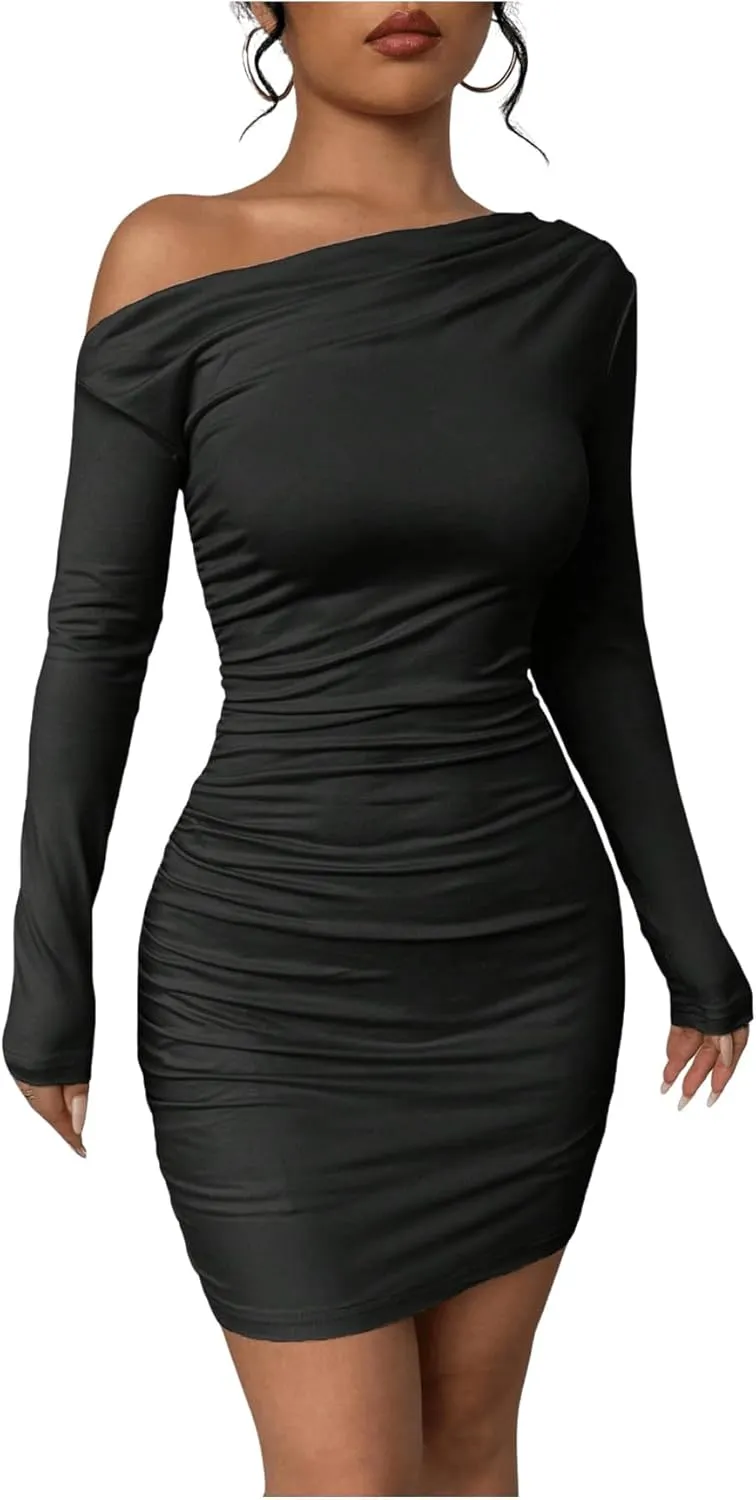 SOLY HUX Women's Ruched Bodycon Mini Dress Off The Shoulder Long Sleeve Fall Dresses