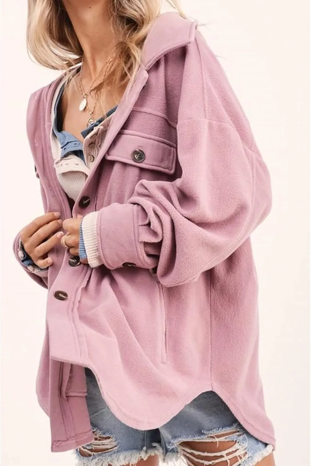 SOMTHRON Women's Fleece Cardigan Long Sleeve Oversized Shacket Sherpa Shirt Jacket Button Down Lapel Collar Blouses Tops