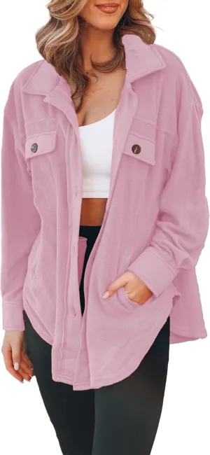 SOMTHRON Women's Fleece Cardigan Long Sleeve Oversized Shacket Sherpa Shirt Jacket Button Down Lapel Collar Blouses Tops