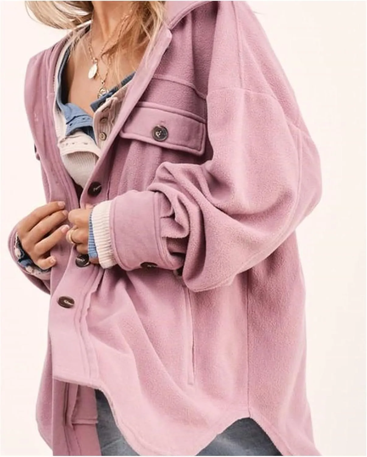 SOMTHRON Women's Fleece Cardigan Long Sleeve Oversized Shacket Sherpa Shirt Jacket Button Down Lapel Collar Blouses Tops