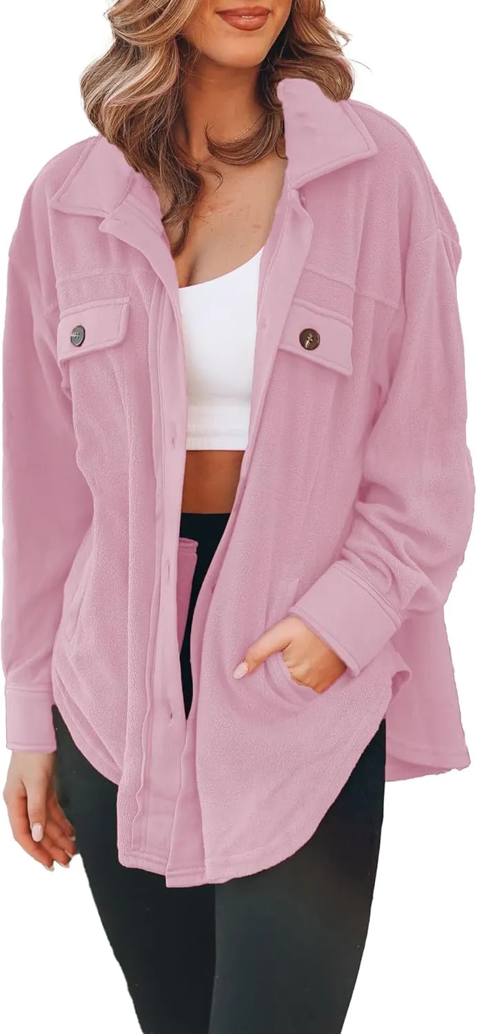SOMTHRON Women's Fleece Cardigan Long Sleeve Oversized Shacket Sherpa Shirt Jacket Button Down Lapel Collar Blouses Tops