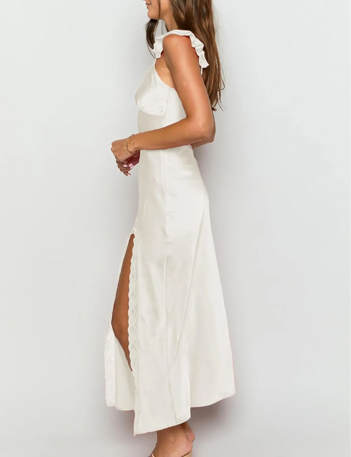 Summer Satin Lace Spaghetti Strap Midi Dress for Wedding Guest Silk Sleeveless V Neck Slit Ruffled Maxi Dress for Women