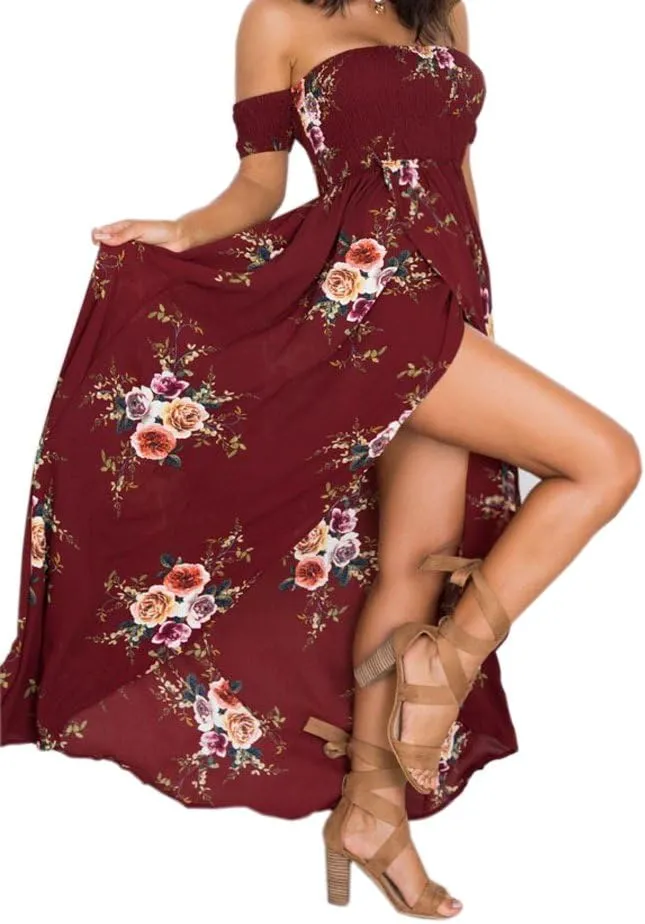 SVALIY Women Floral Off The Shoulder Split Chiffon Maxi Beach Dresses Wedding Party