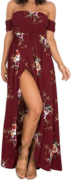 SVALIY Women Floral Off The Shoulder Split Chiffon Maxi Beach Dresses Wedding Party