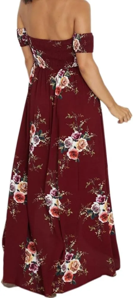 SVALIY Women Floral Off The Shoulder Split Chiffon Maxi Beach Dresses Wedding Party