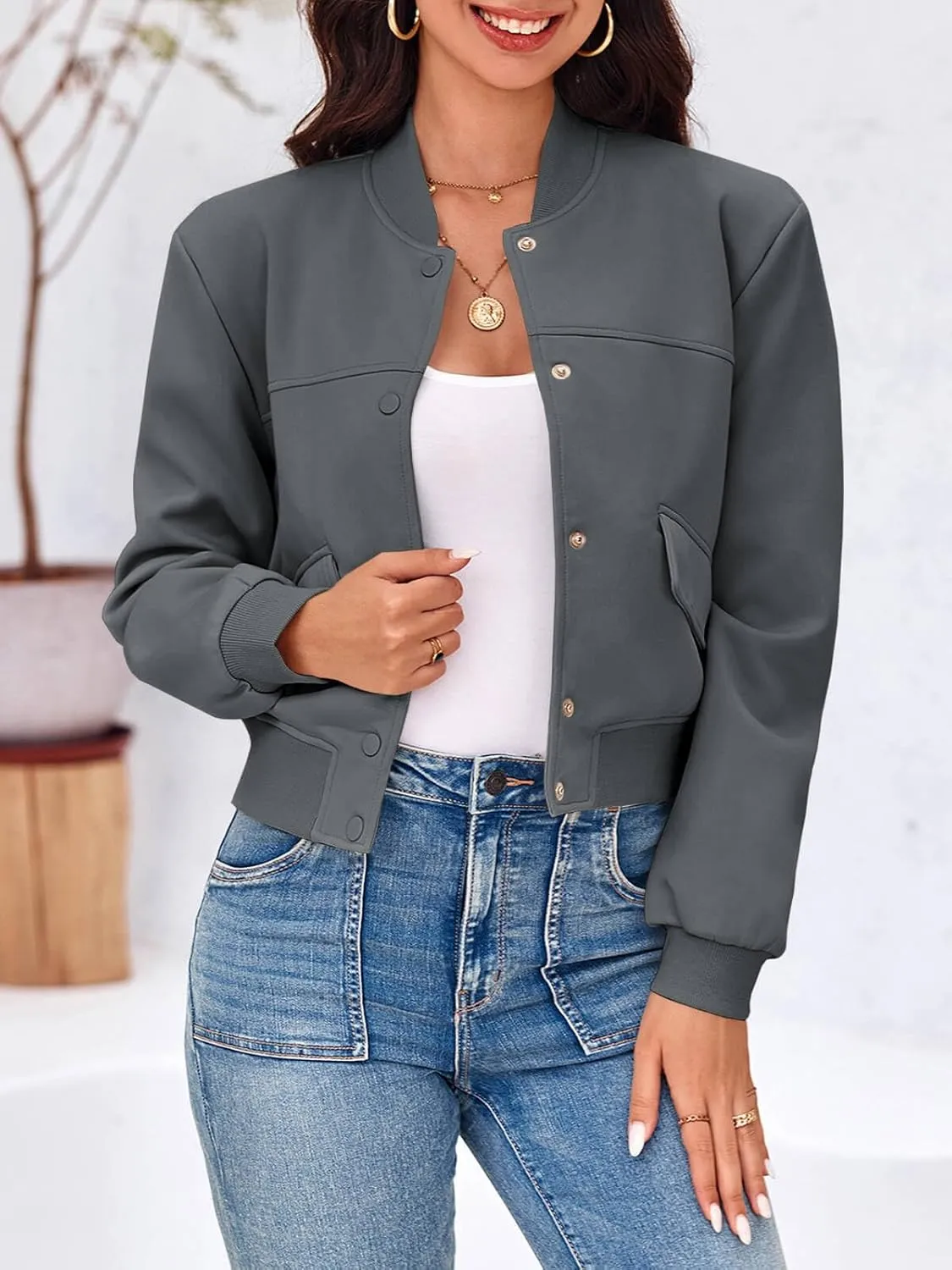 Tankaneo Womens Cropped Bomber Jackets Casual Button Down Long Sleeve Stand Collar Varsity Shacket Coats