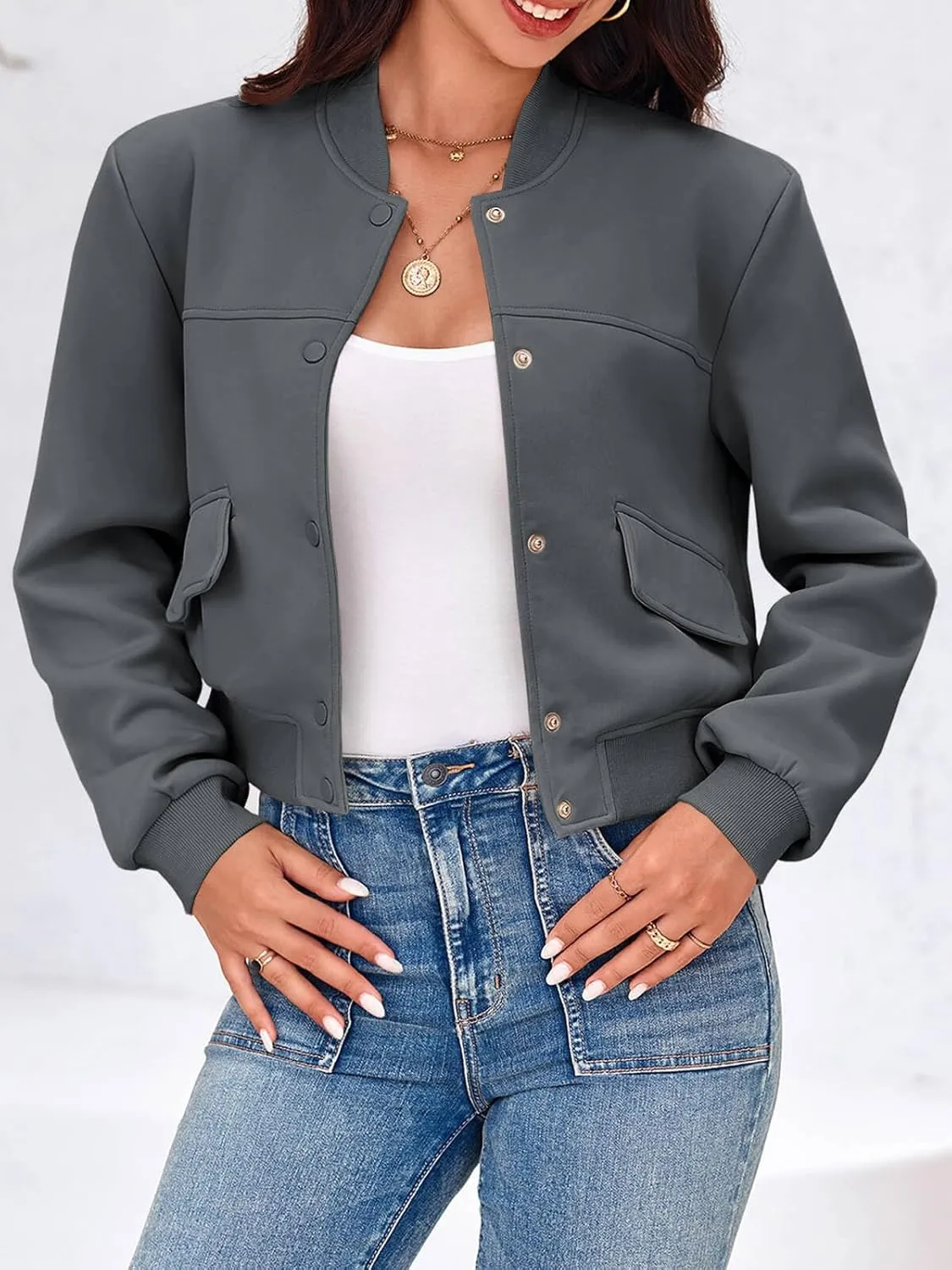 Tankaneo Womens Cropped Bomber Jackets Casual Button Down Long Sleeve Stand Collar Varsity Shacket Coats