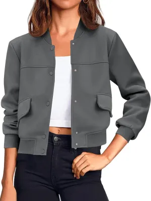 Tankaneo Womens Cropped Bomber Jackets Casual Button Down Long Sleeve Stand Collar Varsity Shacket Coats