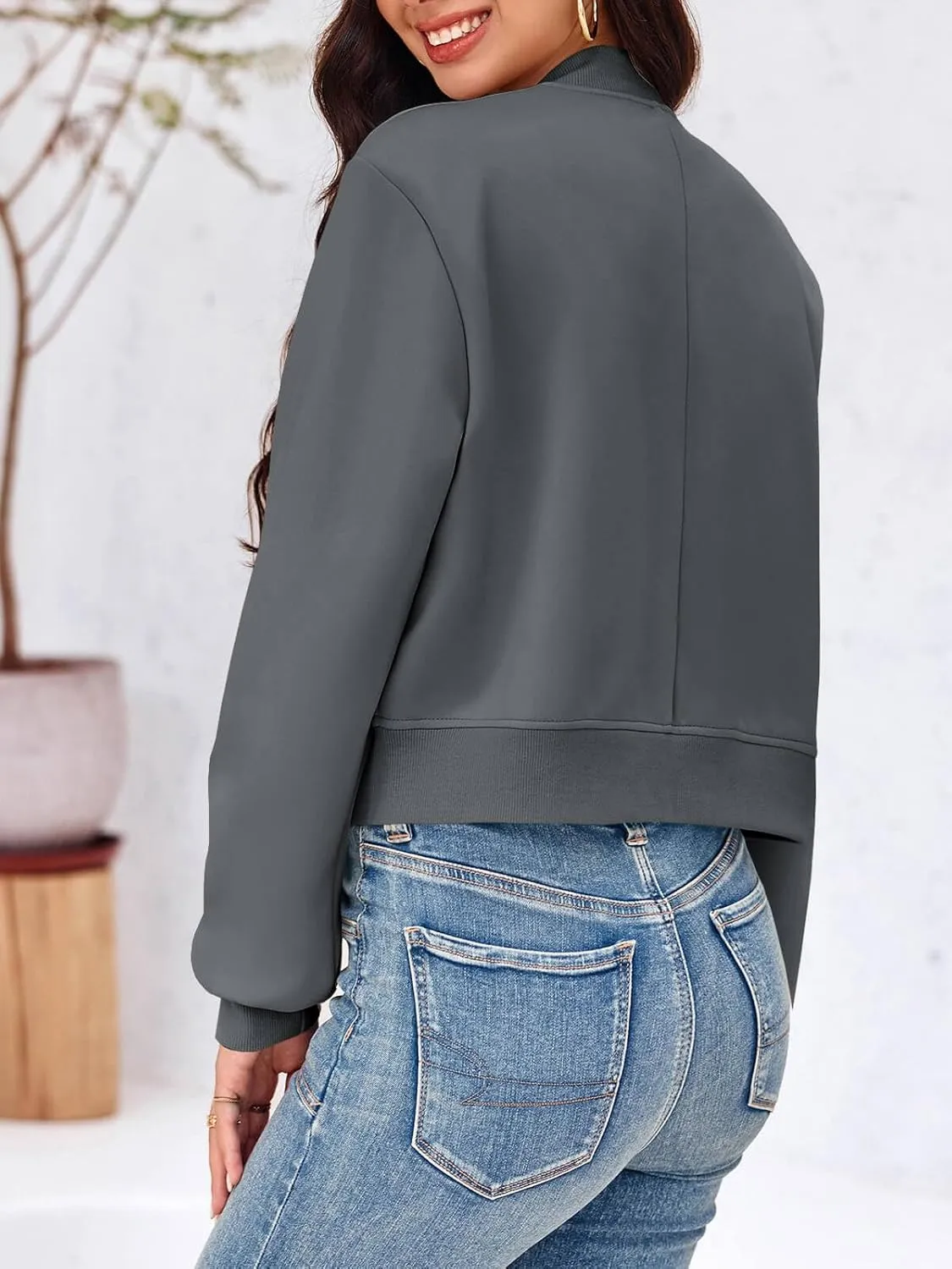 Tankaneo Womens Cropped Bomber Jackets Casual Button Down Long Sleeve Stand Collar Varsity Shacket Coats