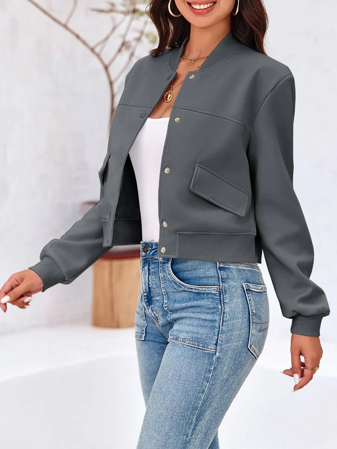 Tankaneo Womens Cropped Bomber Jackets Casual Button Down Long Sleeve Stand Collar Varsity Shacket Coats