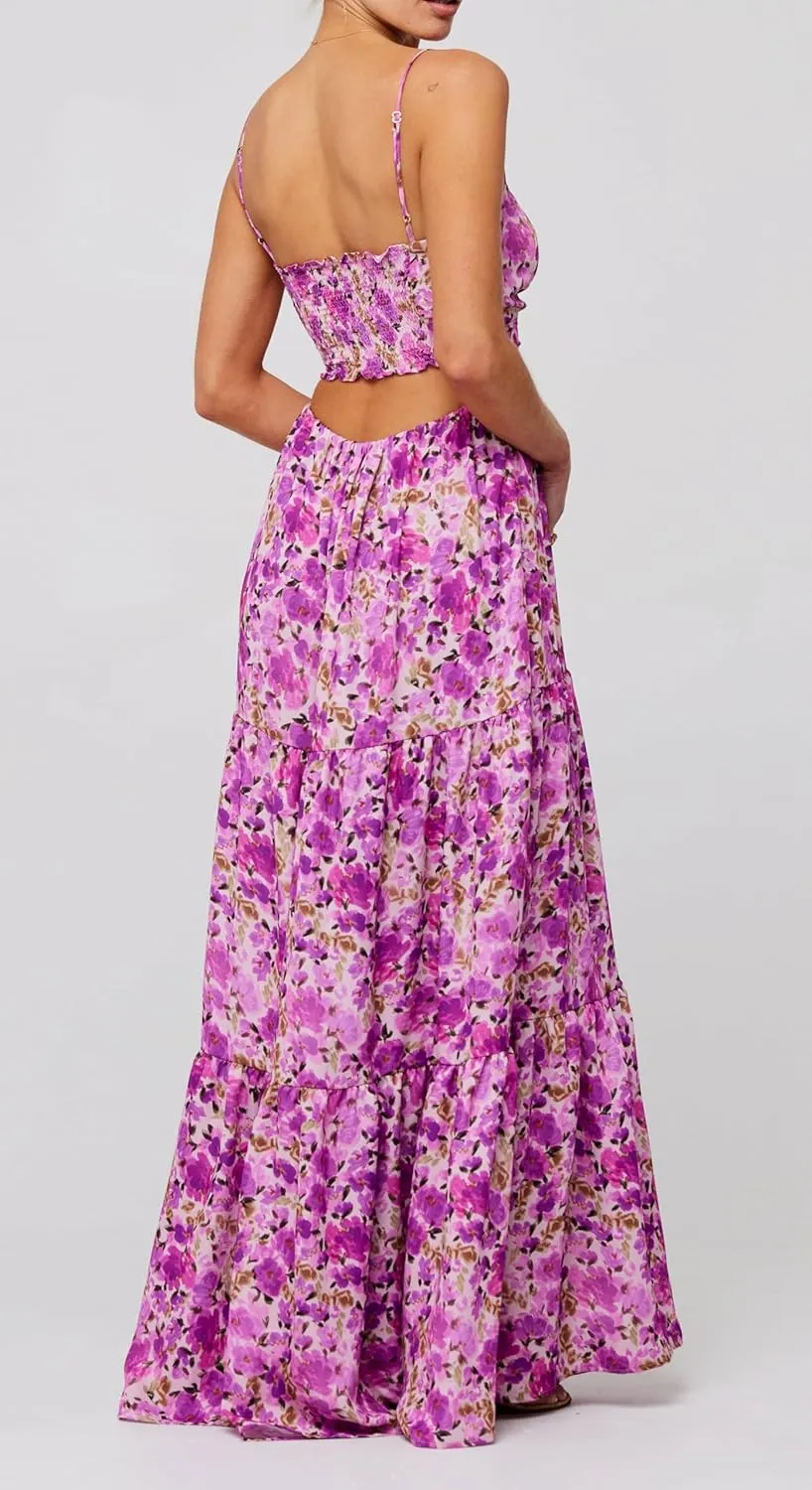 UAURORAO Women Tie Front Floral Maxi Dress Spaghetti Strap V Neck Cut Out Long Dress with Bow Wedding Guest Party Gown