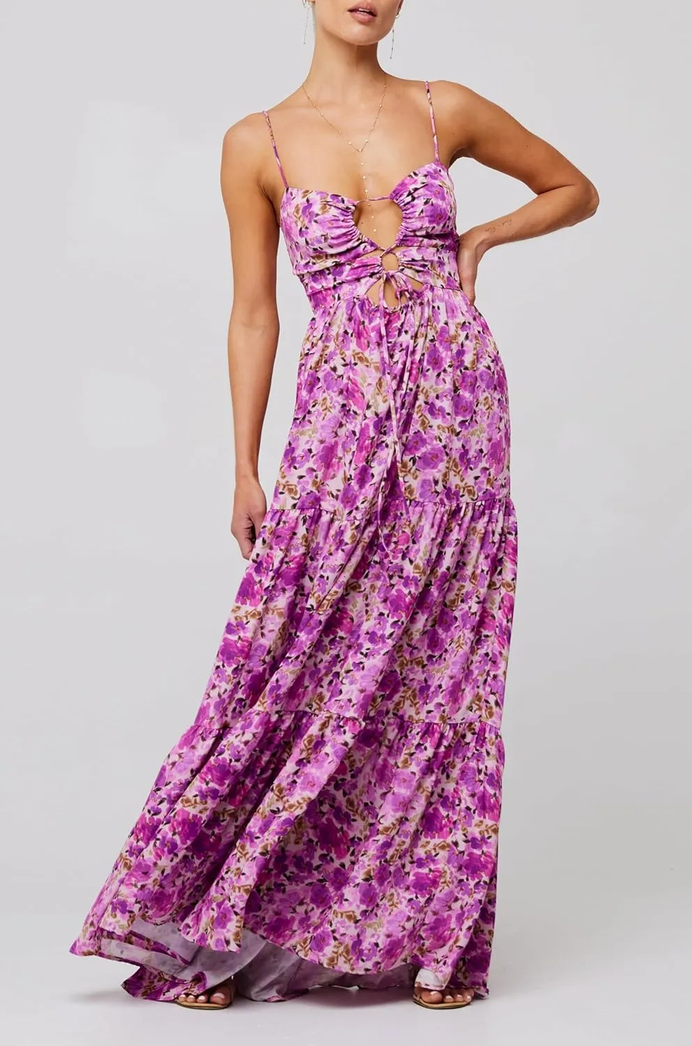 UAURORAO Women Tie Front Floral Maxi Dress Spaghetti Strap V Neck Cut Out Long Dress with Bow Wedding Guest Party Gown