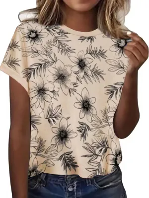 Vintage Allover Flowers Print Shirt Women's Casual Boho Floral Graphic T Shirt Plant Lover Shirts Short Sleeve Tops