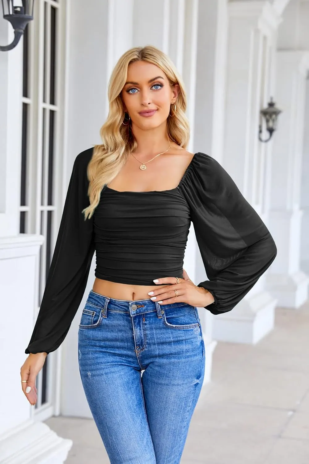Wenrine Womens Mesh Long Sleeve Crop Tops Night Going Out Square Neck Off The Shoulder Ruched Shirt Blouses Dressy Casual