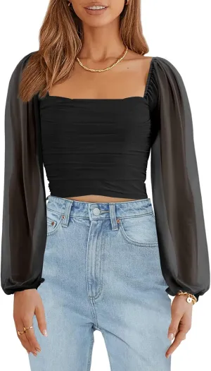 Wenrine Womens Mesh Long Sleeve Crop Tops Night Going Out Square Neck Off The Shoulder Ruched Shirt Blouses Dressy Casual