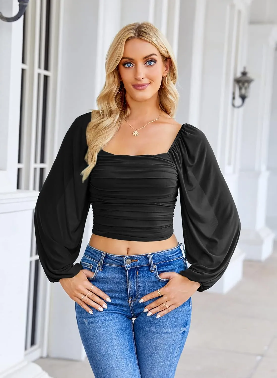Wenrine Womens Mesh Long Sleeve Crop Tops Night Going Out Square Neck Off The Shoulder Ruched Shirt Blouses Dressy Casual
