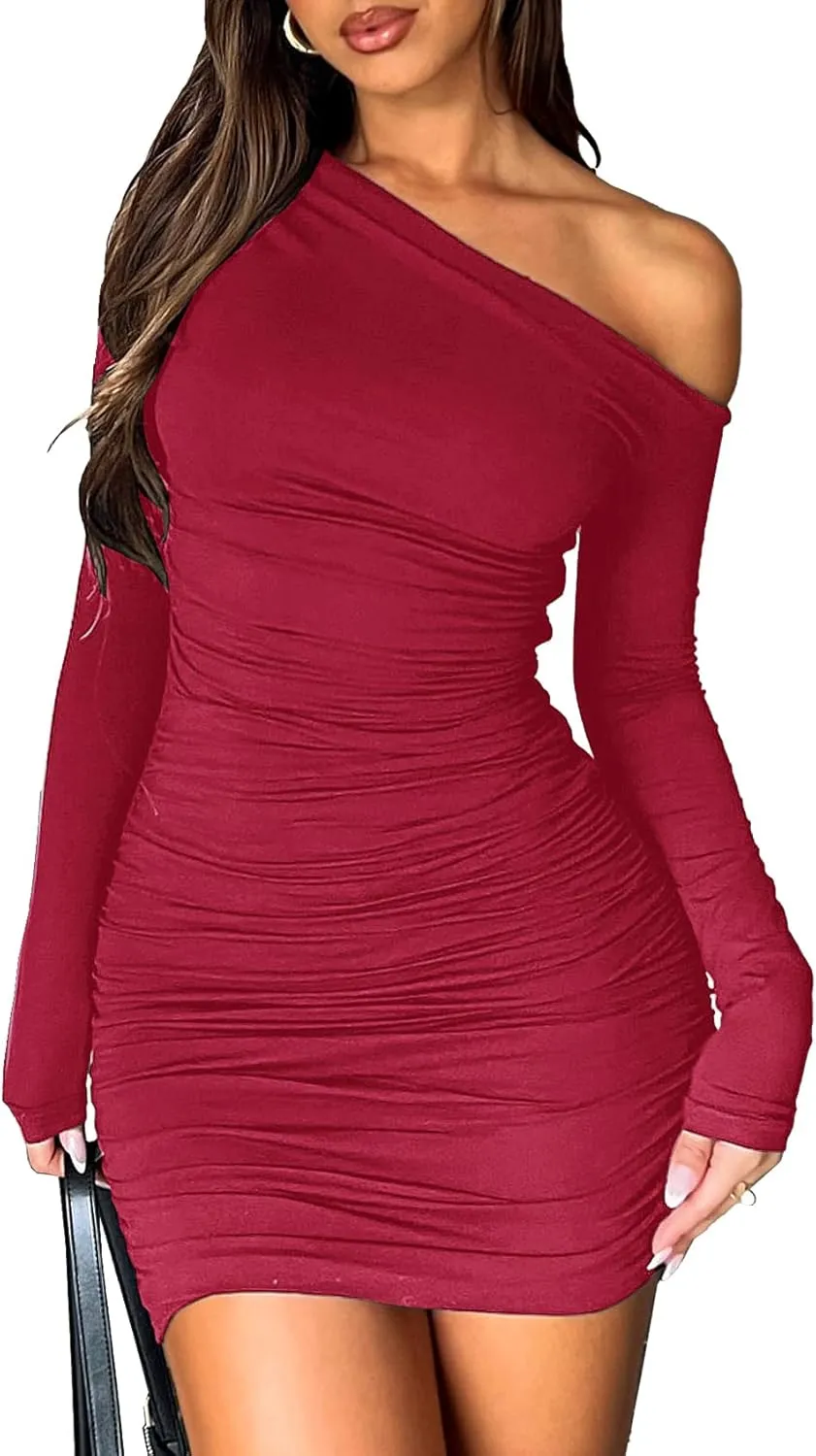 Women Off The Shoulder Long Sleeve Dress Ruched Bodycon Mini Dress Cocktail Going Out Dresses