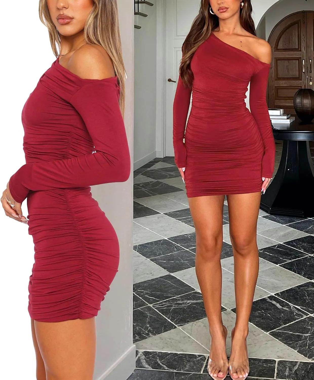 Women Off The Shoulder Long Sleeve Dress Ruched Bodycon Mini Dress Cocktail Going Out Dresses