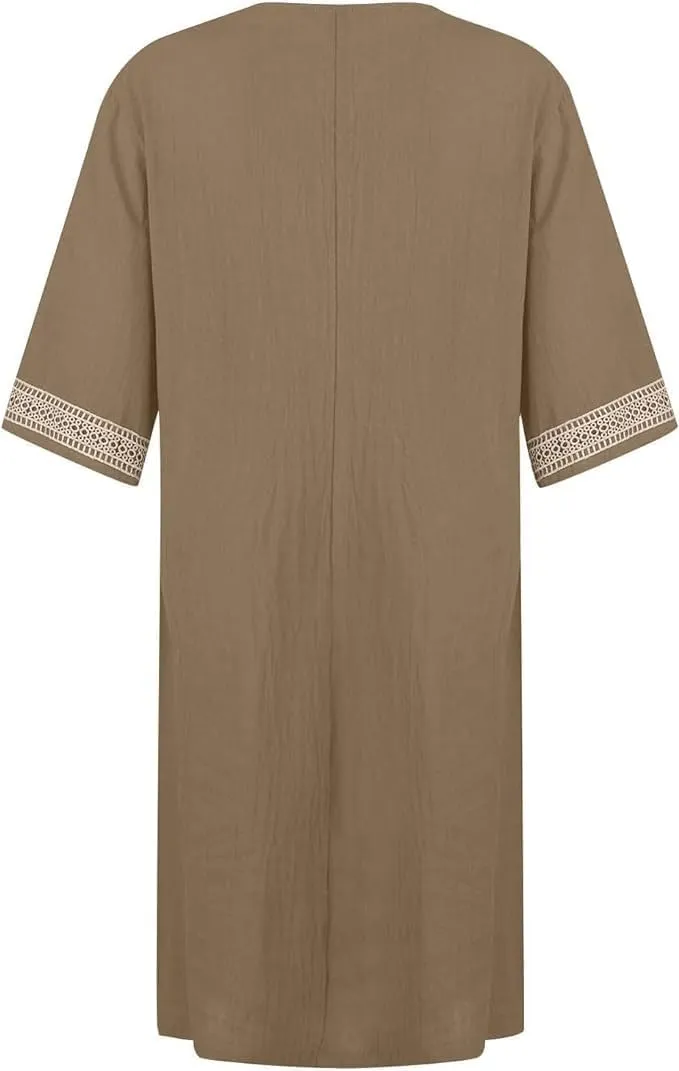 Women Short Sleeve Linen Cotton Shift Dress Ladies Lace V Neck Shirt Midi Knee Length Dress Summer