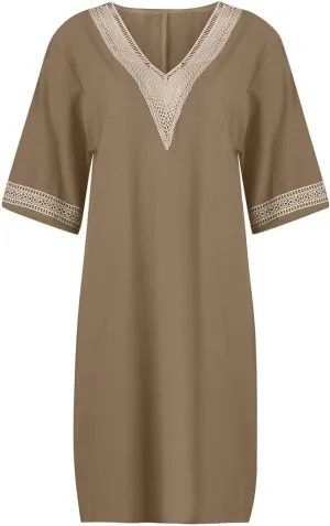 Women Short Sleeve Linen Cotton Shift Dress Ladies Lace V Neck Shirt Midi Knee Length Dress Summer