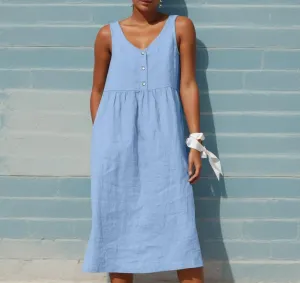Women Summer Cotton Linen Midi Sun Dress Casual Sleeveless Button V Neck Pleated Loose Beach Tunic Dress