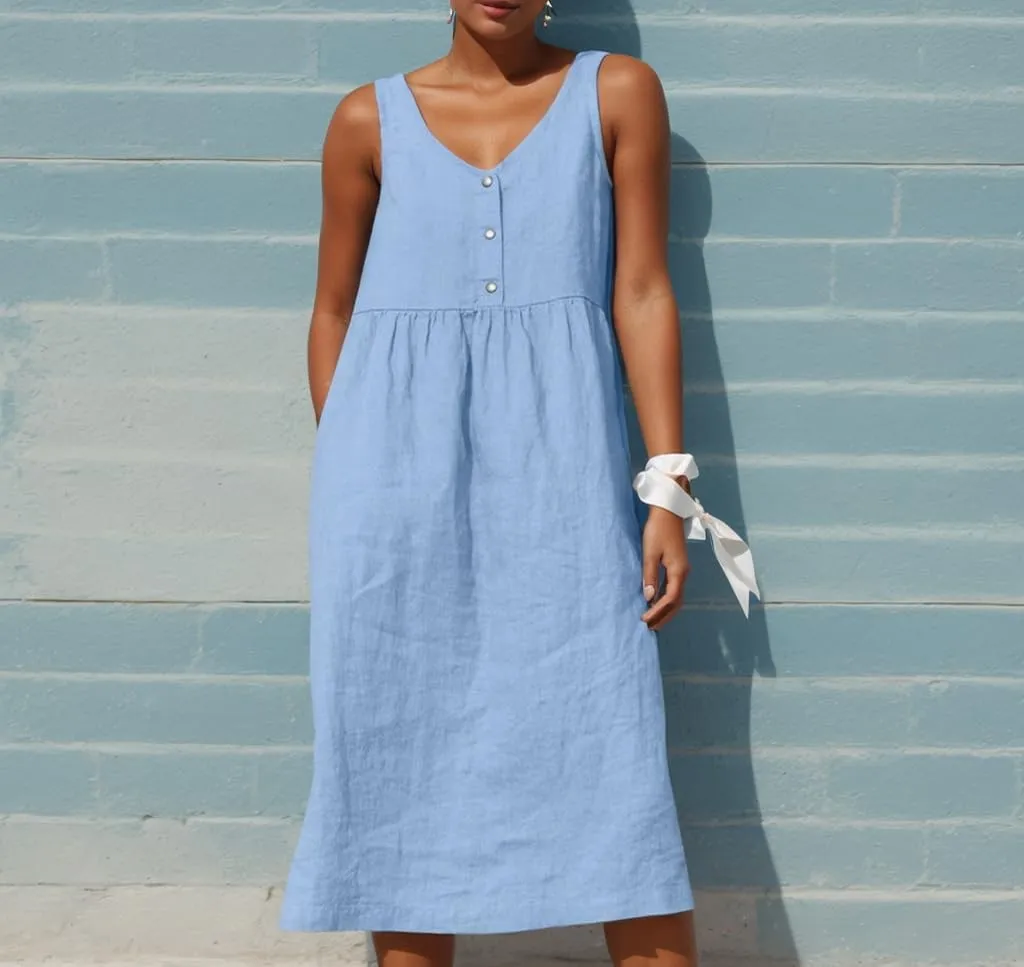 Women Summer Cotton Linen Midi Sun Dress Casual Sleeveless Button V Neck Pleated Loose Beach Tunic Dress