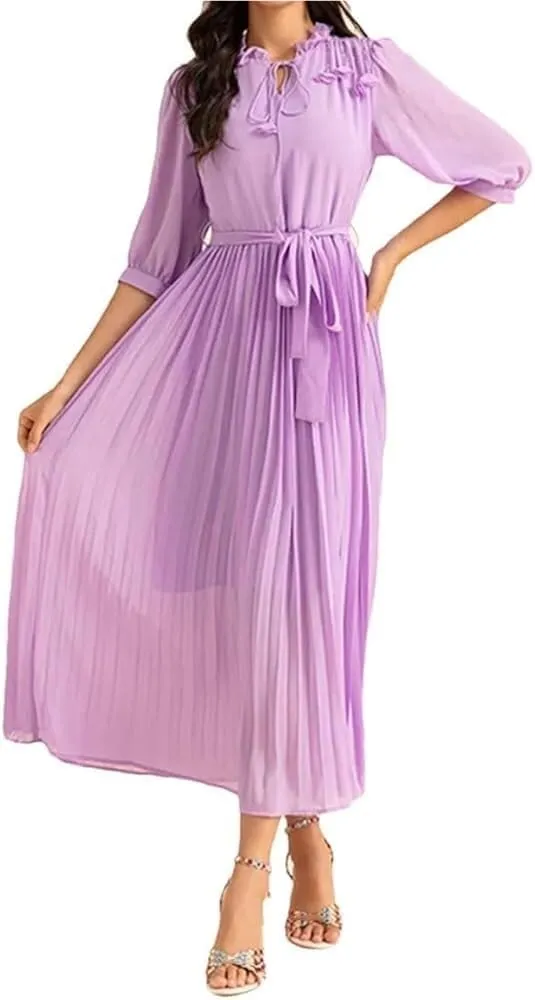 Women's Floral Chiffon Dress Lace Collar Mid Sleeve Big Swing Holiday Party Long Dress