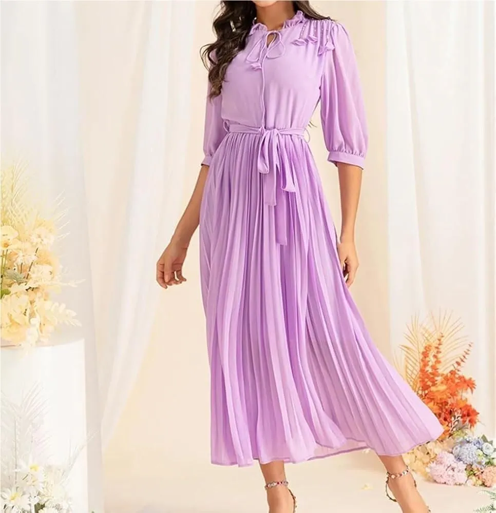 Women's Floral Chiffon Dress Lace Collar Mid Sleeve Big Swing Holiday Party Long Dress