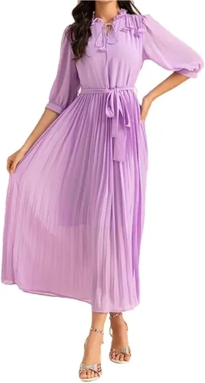 Women's Floral Chiffon Dress Lace Collar Mid Sleeve Big Swing Holiday Party Long Dress