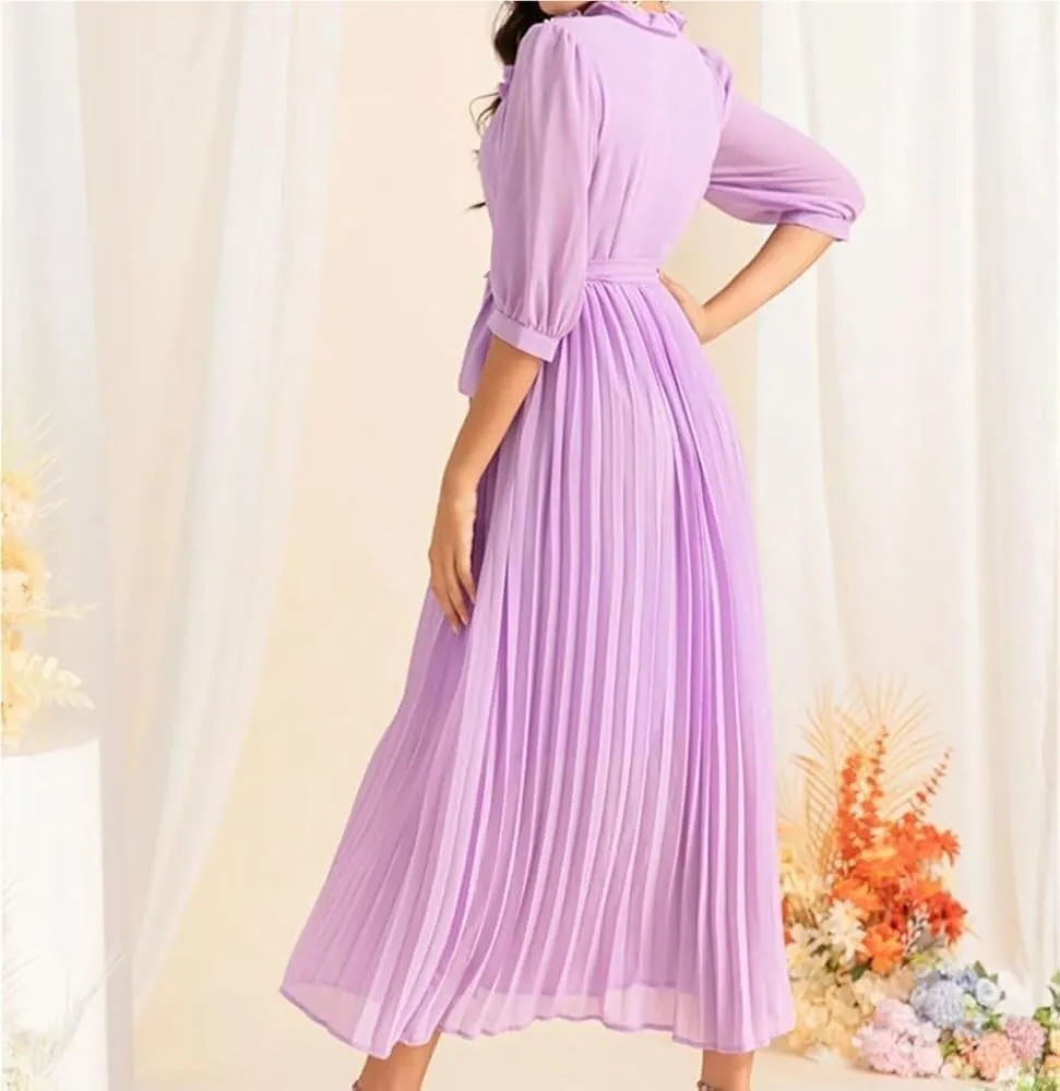 Women's Floral Chiffon Dress Lace Collar Mid Sleeve Big Swing Holiday Party Long Dress